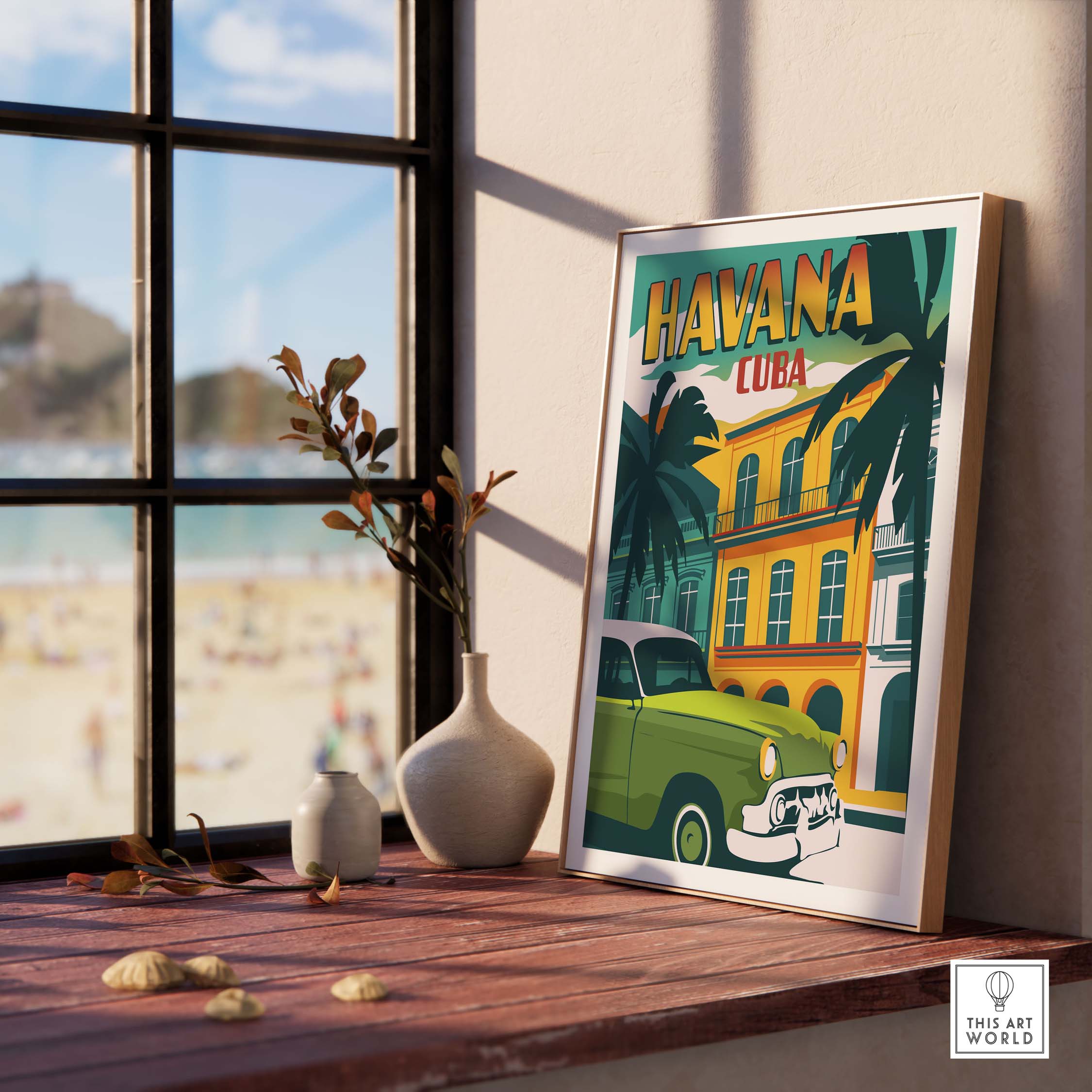 Stylish Havana Print Cuba Poster displayed in a sunlit room, featuring vintage travel vibes and vibrant colors.