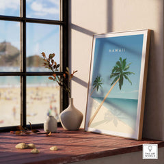 Hawaii wall art poster featuring palm trees and beach, framed and displayed in a bright, sunny interior setting.
