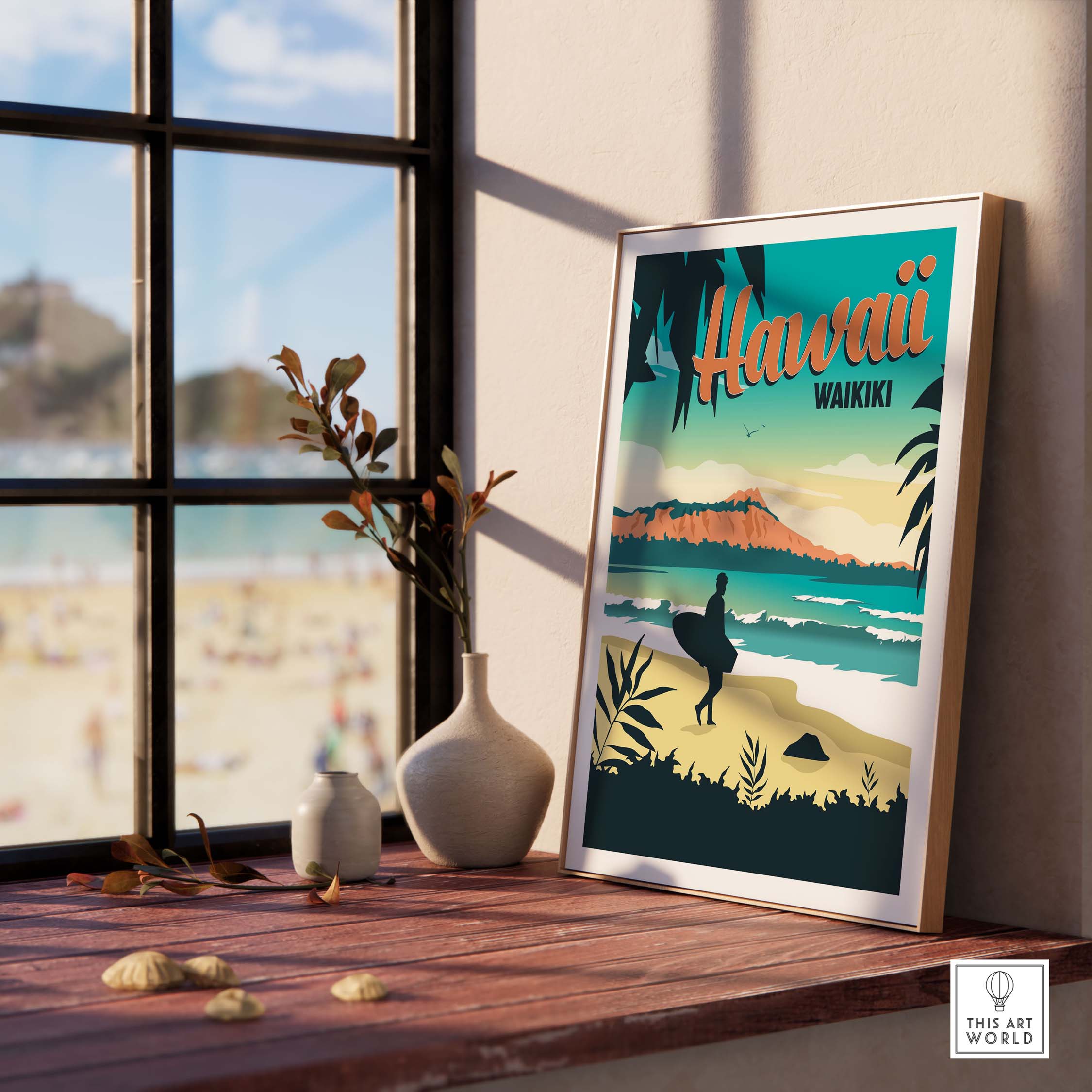 Hawaii Waikiki poster wall art print displayed indoors with beach view, bringing travel nostalgia and style to your space.