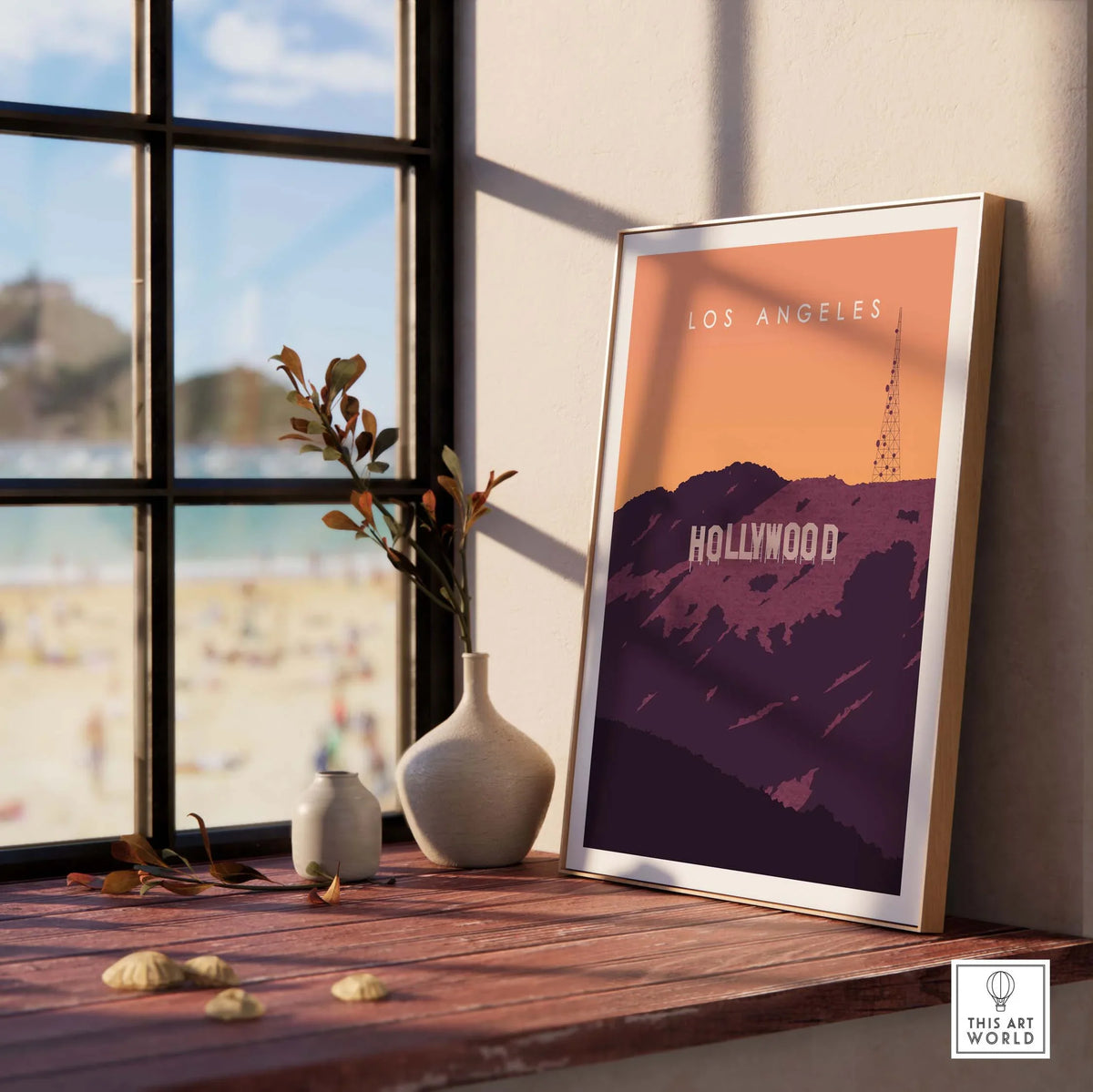 Hollywood Sign Print Wall Art Poster in a framed display, capturing the essence of Los Angeles nostalgia.
