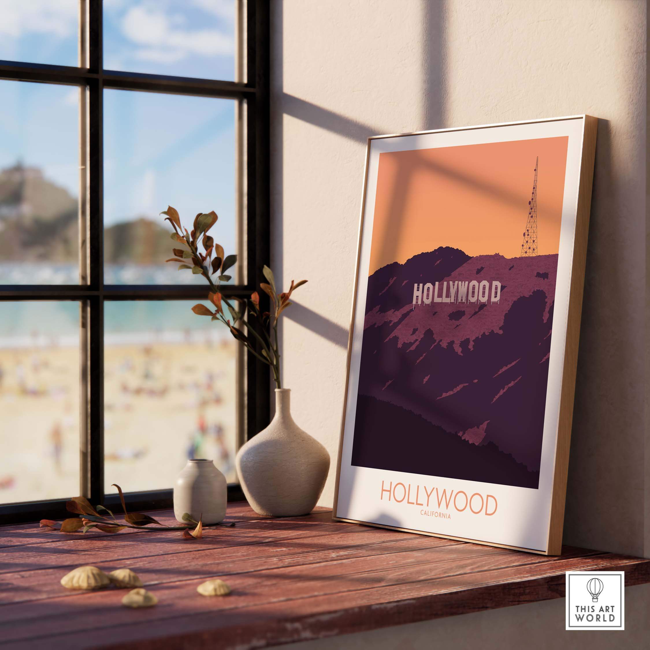 Hollywood Print California Poster framed by a window, showcasing the iconic Hollywood sign and vintage travel art style.