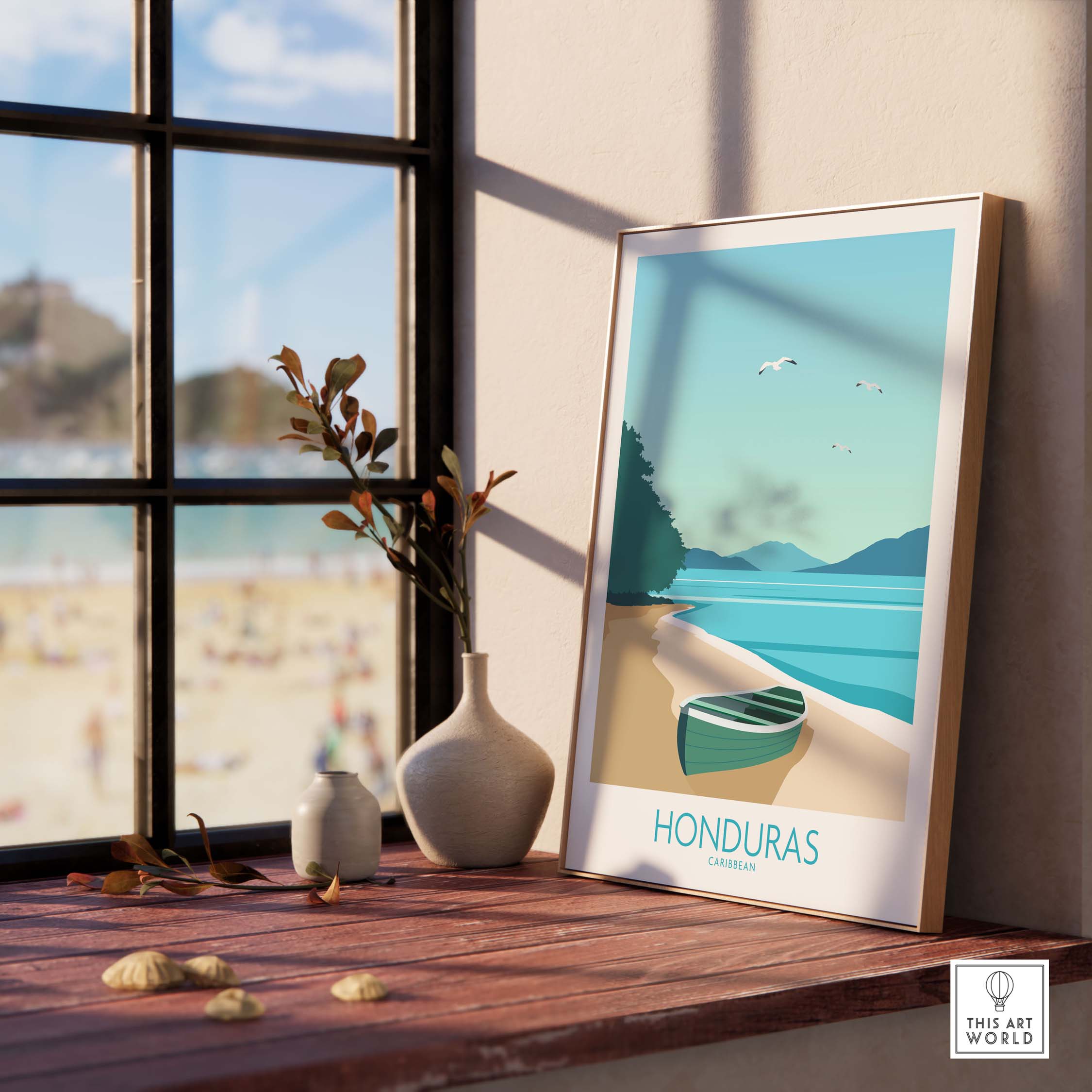 Honduras Poster Caribbean Print framed on a windowsill with a beach view, perfect for travel-inspired wall art.