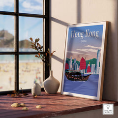 Framed Hong Kong Travel Poster Print featuring vibrant city skyline and traditional boat, perfect for stylish home decor.