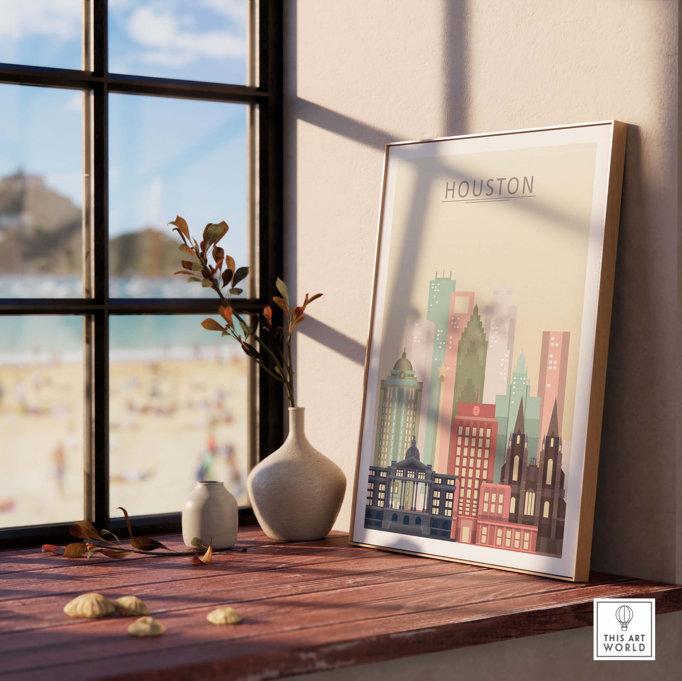 Framed Houston skyline print on a windowsill with beach view, showcasing iconic Texas architecture in pastel tones.
