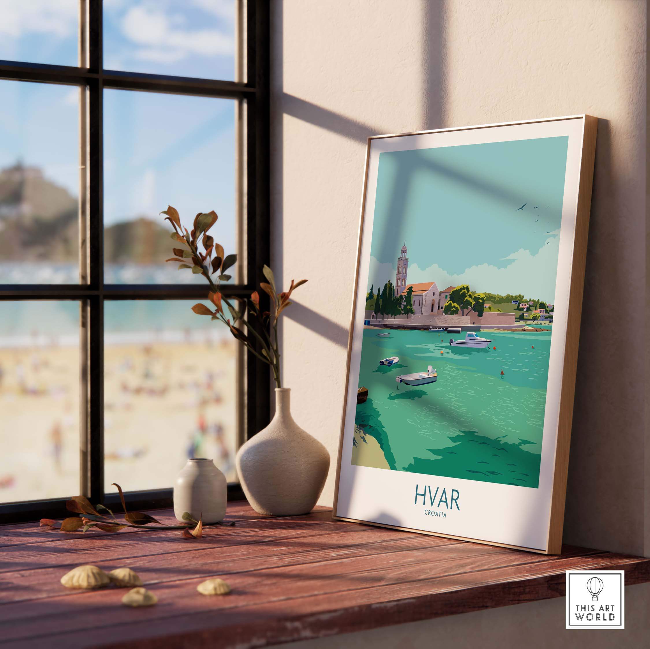 Hvar Print Croatia Travel Poster displayed by a window, featuring vibrant coastal scenery and nostalgic design.