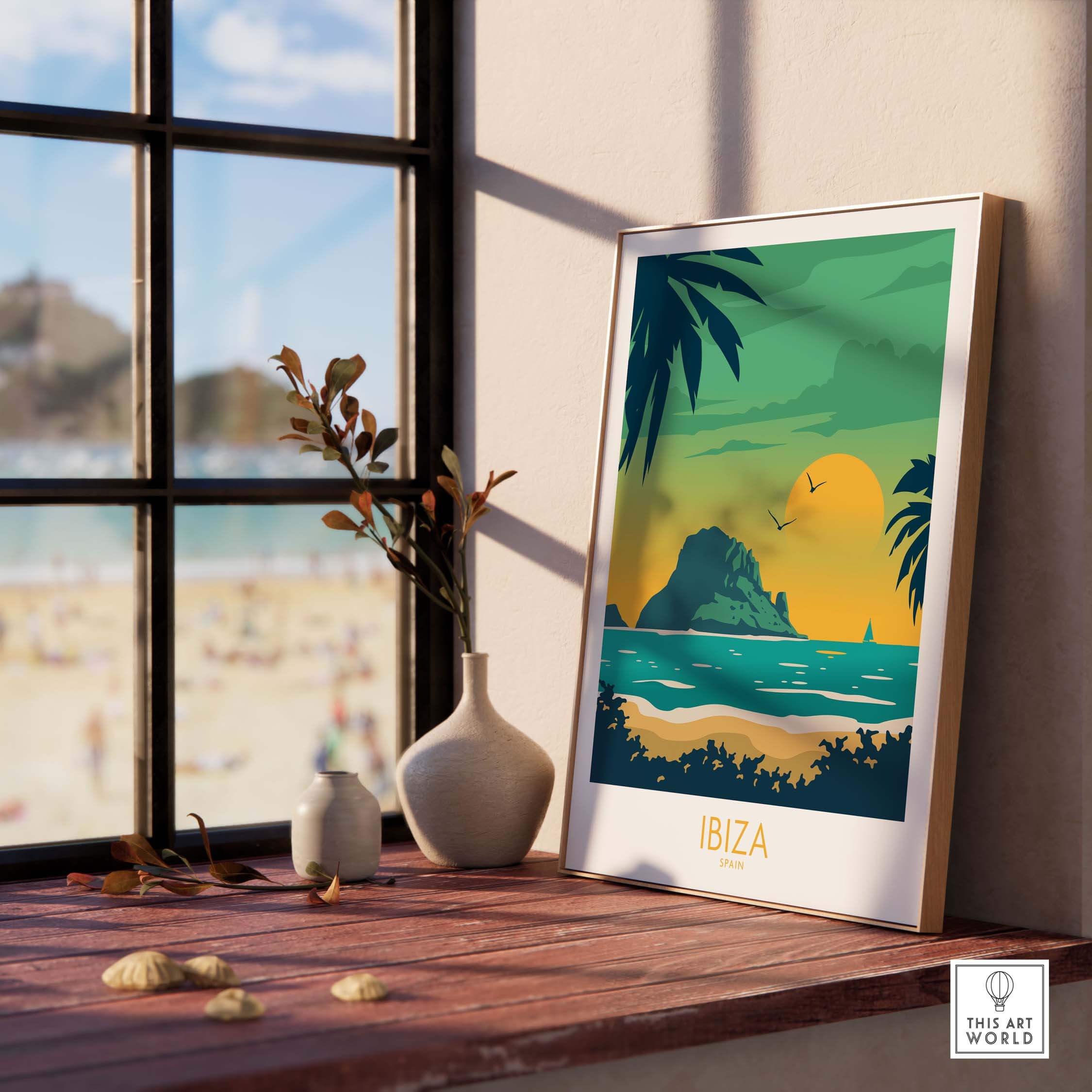 Ibiza Print Travel Poster featuring a beach scene with palm trees and a sunset, perfect for home decor.