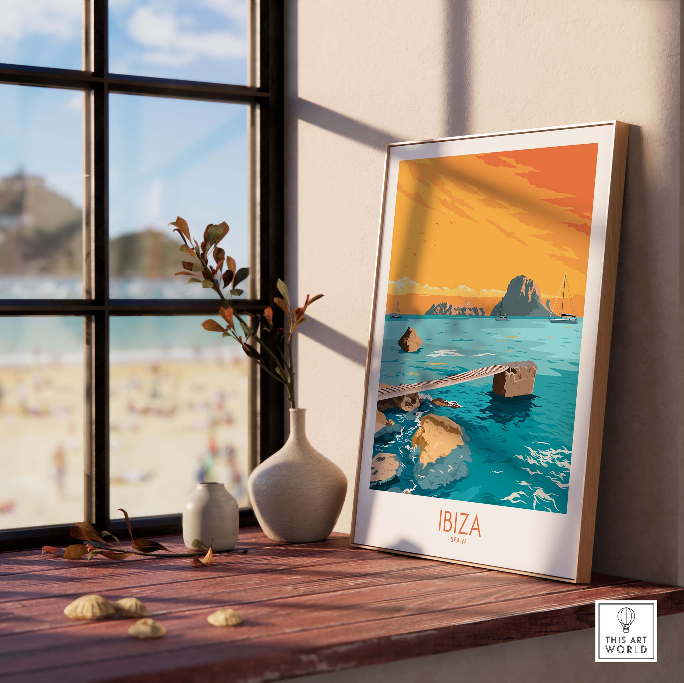 Ibiza poster art framed on a wooden table, showcasing vintage travel design and beach scenery.