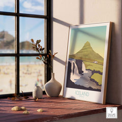 Iceland Print Travel Poster featuring a scenic mountain and waterfalls, perfect for home or office decor.
