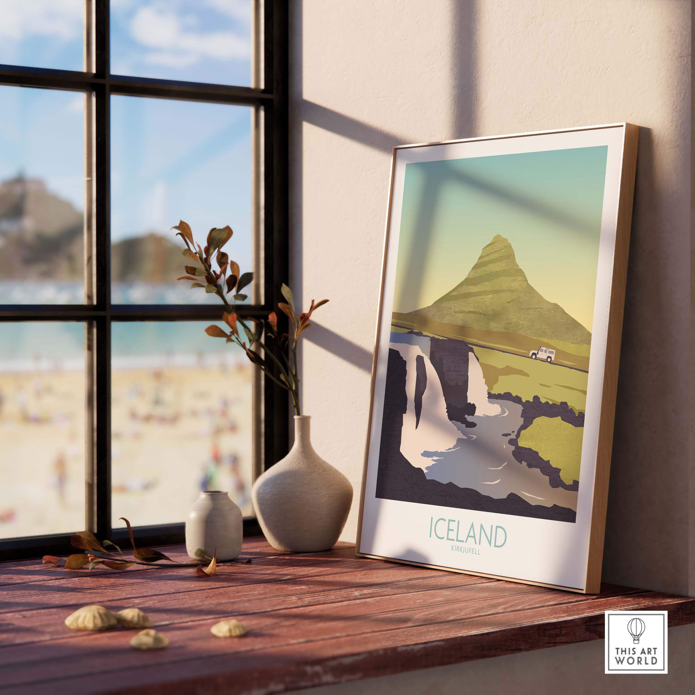 Iceland Print Travel Poster featuring a scenic mountain and waterfalls, perfect for home or office decor.