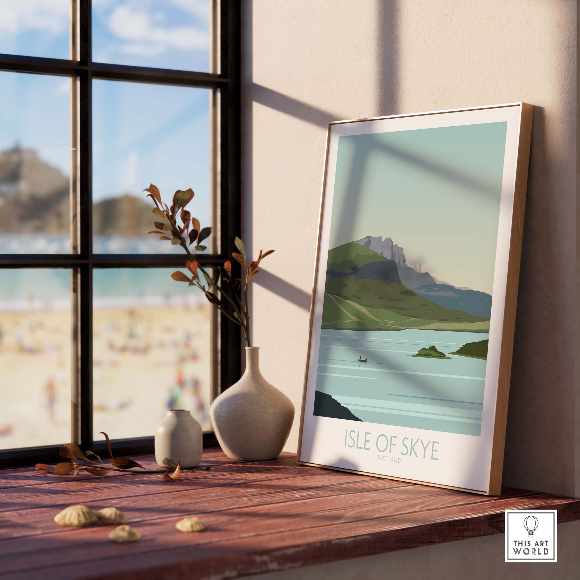 Isle of Skye poster print displayed in a sunlit room with beach view, perfect for travel-inspired wall art.