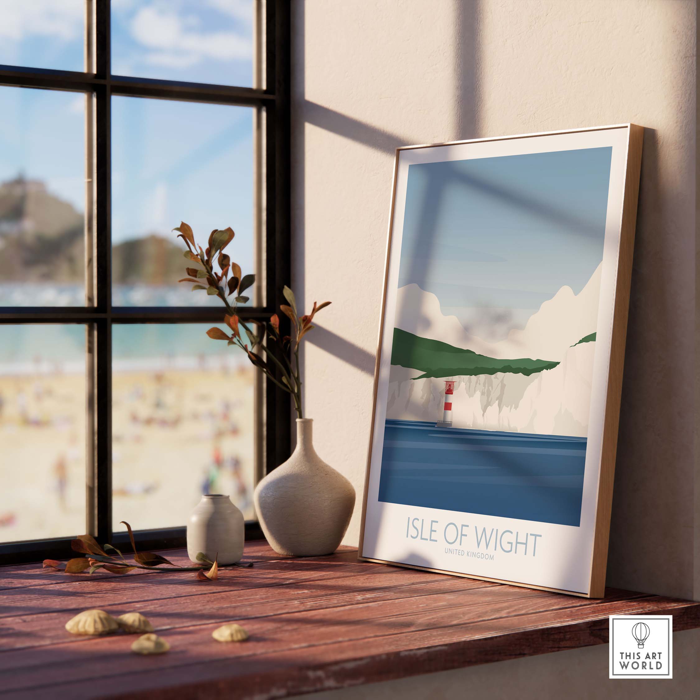 Isle of Wight print displayed indoors, showcasing vintage travel art with serene coastal scenery.