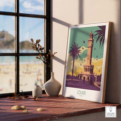 Izmir poster wall art featuring a vintage design of a clock tower with palm trees, perfect for adding style to home decor.