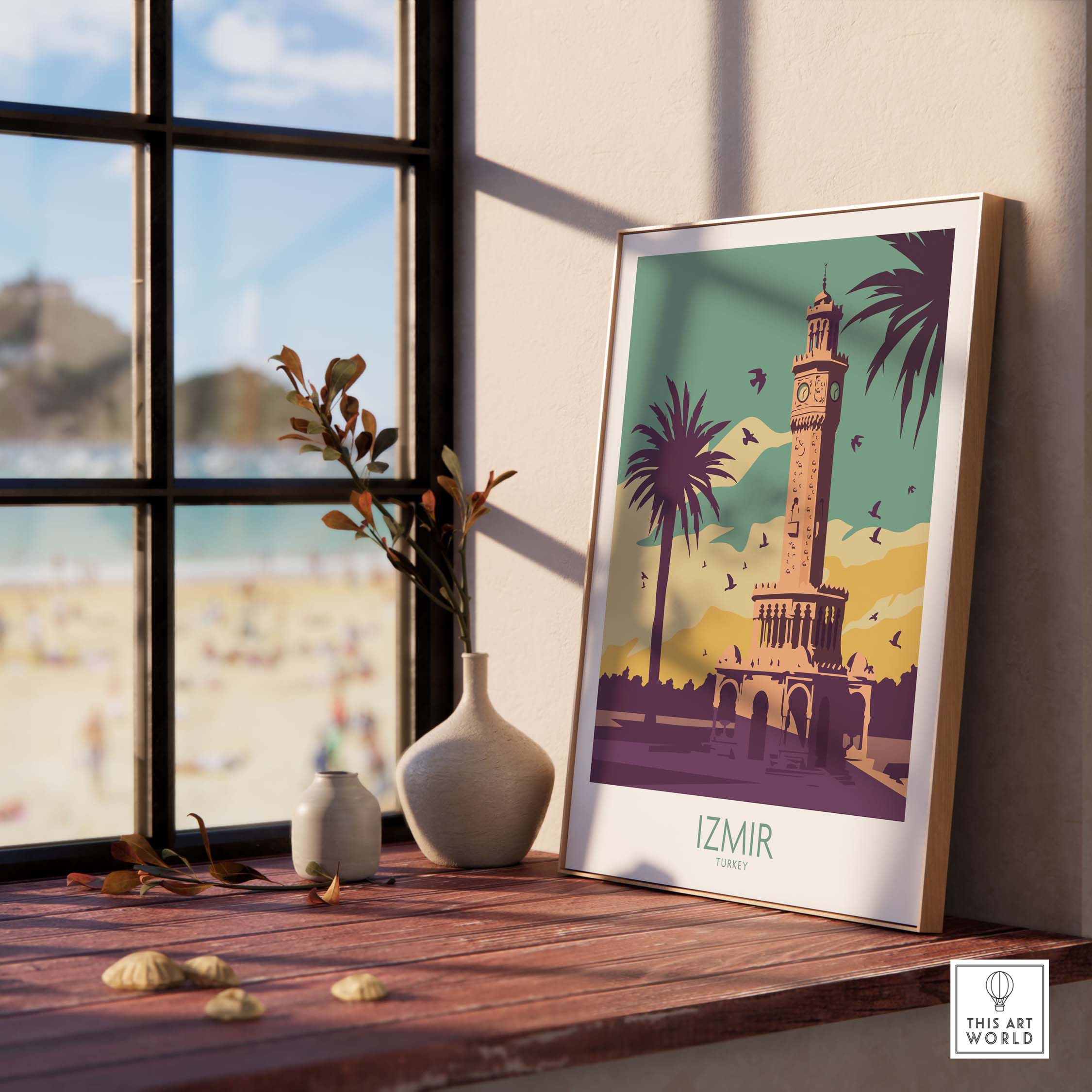 Izmir poster wall art featuring a vintage design of a clock tower with palm trees, perfect for adding style to home decor.