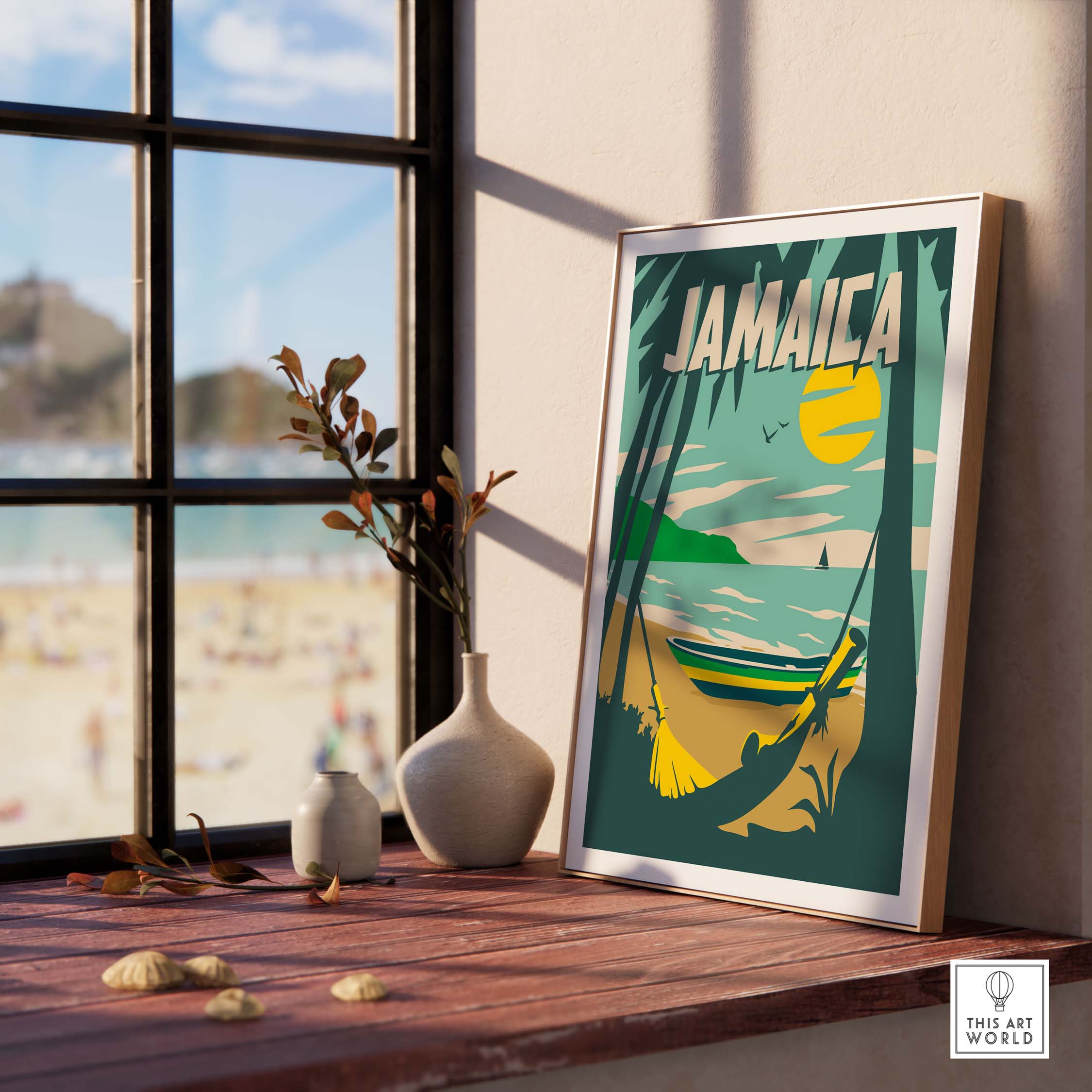 Jamaica Print Beach Poster displayed indoors, featuring tropical scenery with a boat and vibrant colors.
