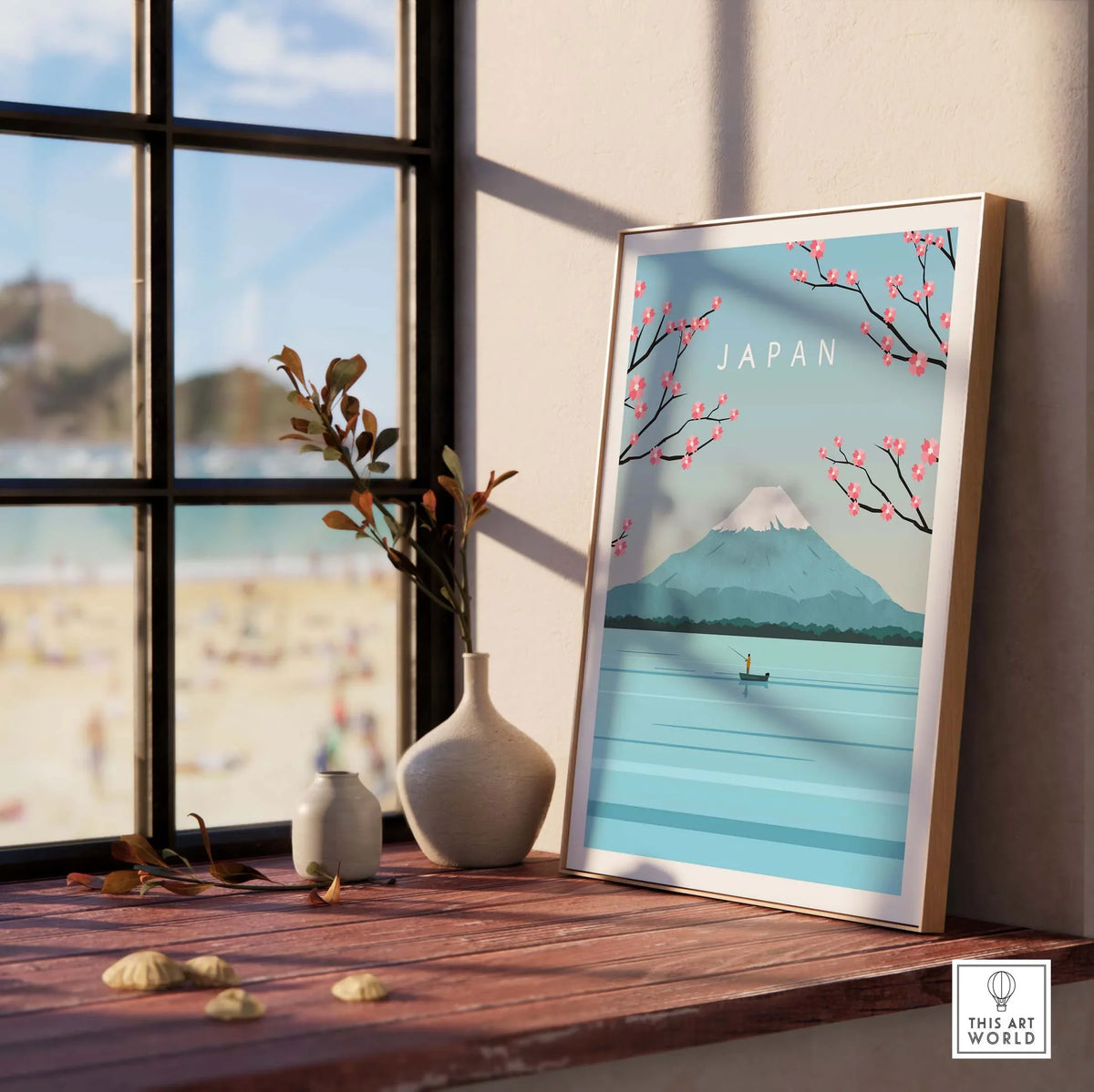 Japan Print Wall Art featuring Mount Fuji, cherry blossoms, and serene beach scene in a stylish frame.