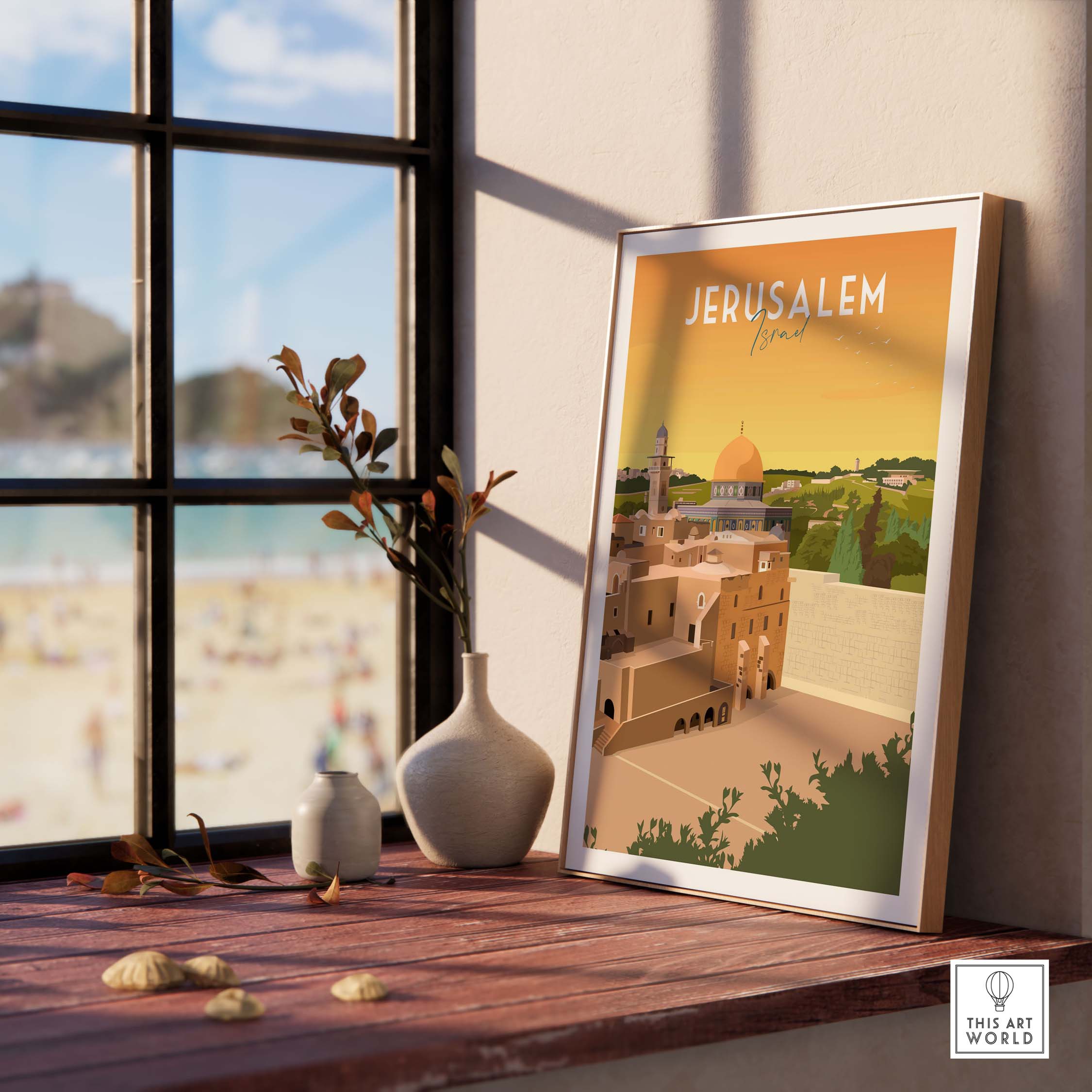 Jerusalem print artwork framed on a wooden table with a beach view, reflecting travel nostalgia and minimalist design.