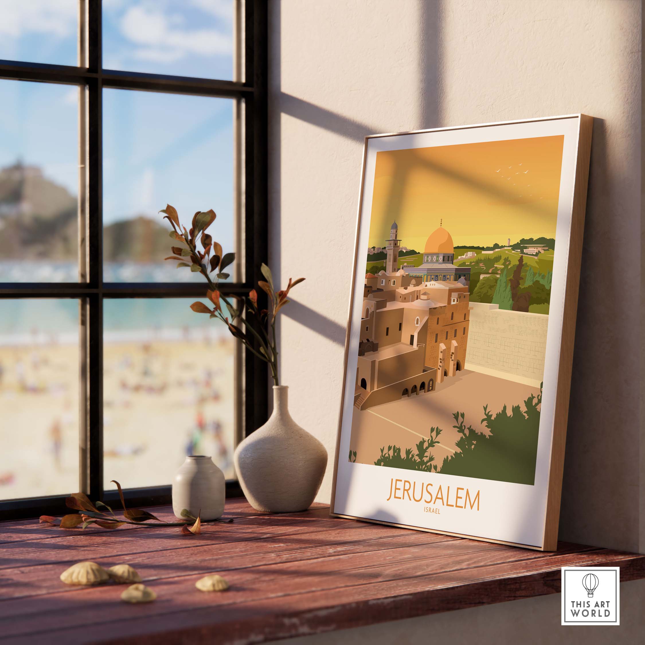 Framed Jerusalem Wall Art Poster displayed on a wooden table near a window, showcasing vintage travel design.