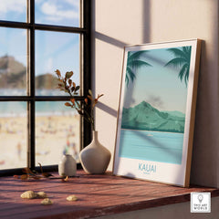 Kauai Print Hawaii Island Beach Poster framed, showcasing tropical beach view with mountains and palm trees.