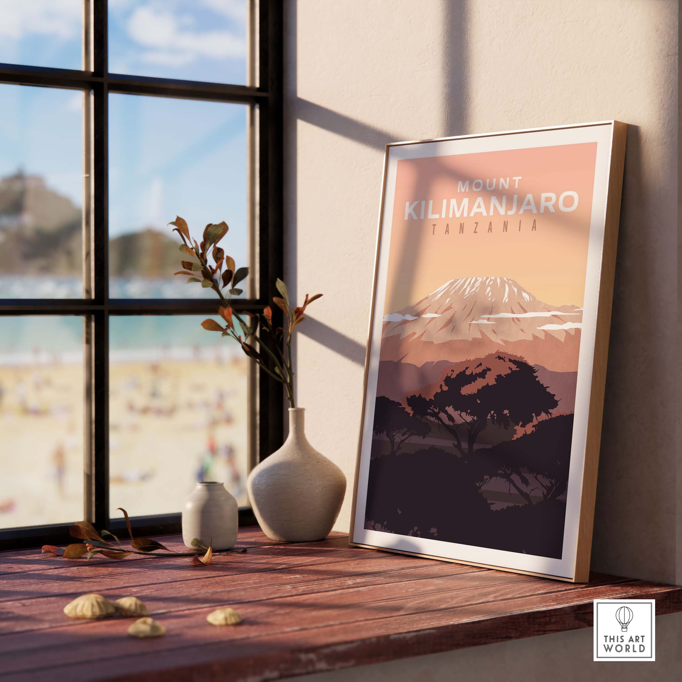 Kilimanjaro Print Wall Art Poster displayed in a stylish interior, featuring Mount Kilimanjaro in vintage travel style.