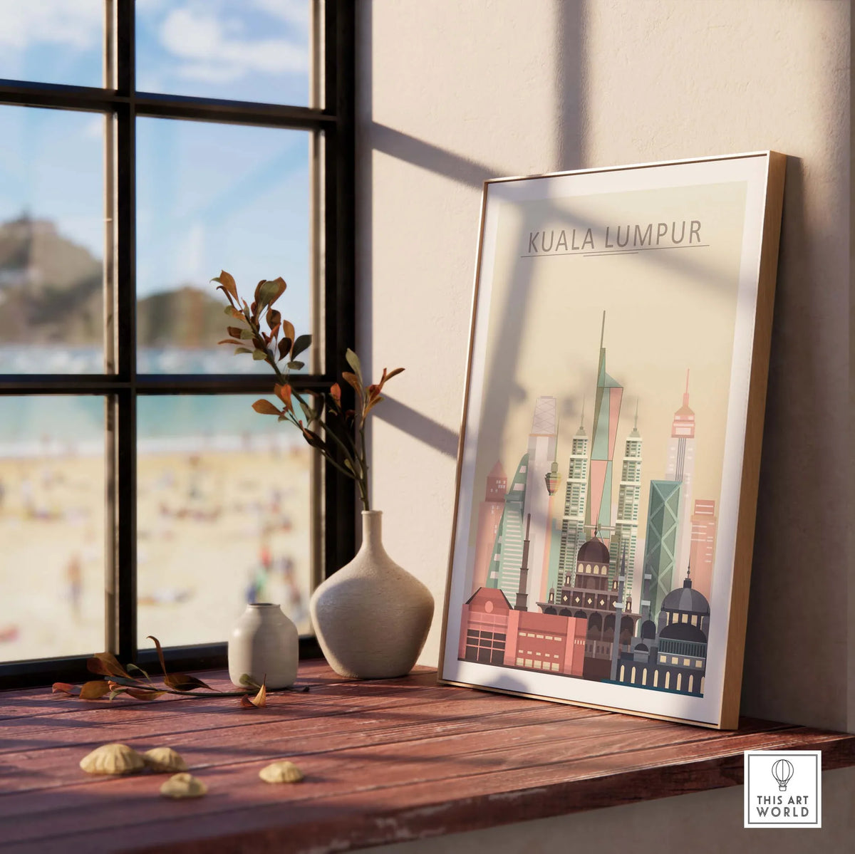 Kuala Lumpur skyline wall art print displayed on a windowsill with a beach view, showcasing iconic architecture in pastel tones.