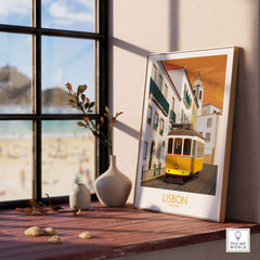 Lisbon poster featuring a vintage tram, ideal for travel enthusiasts and art lovers.