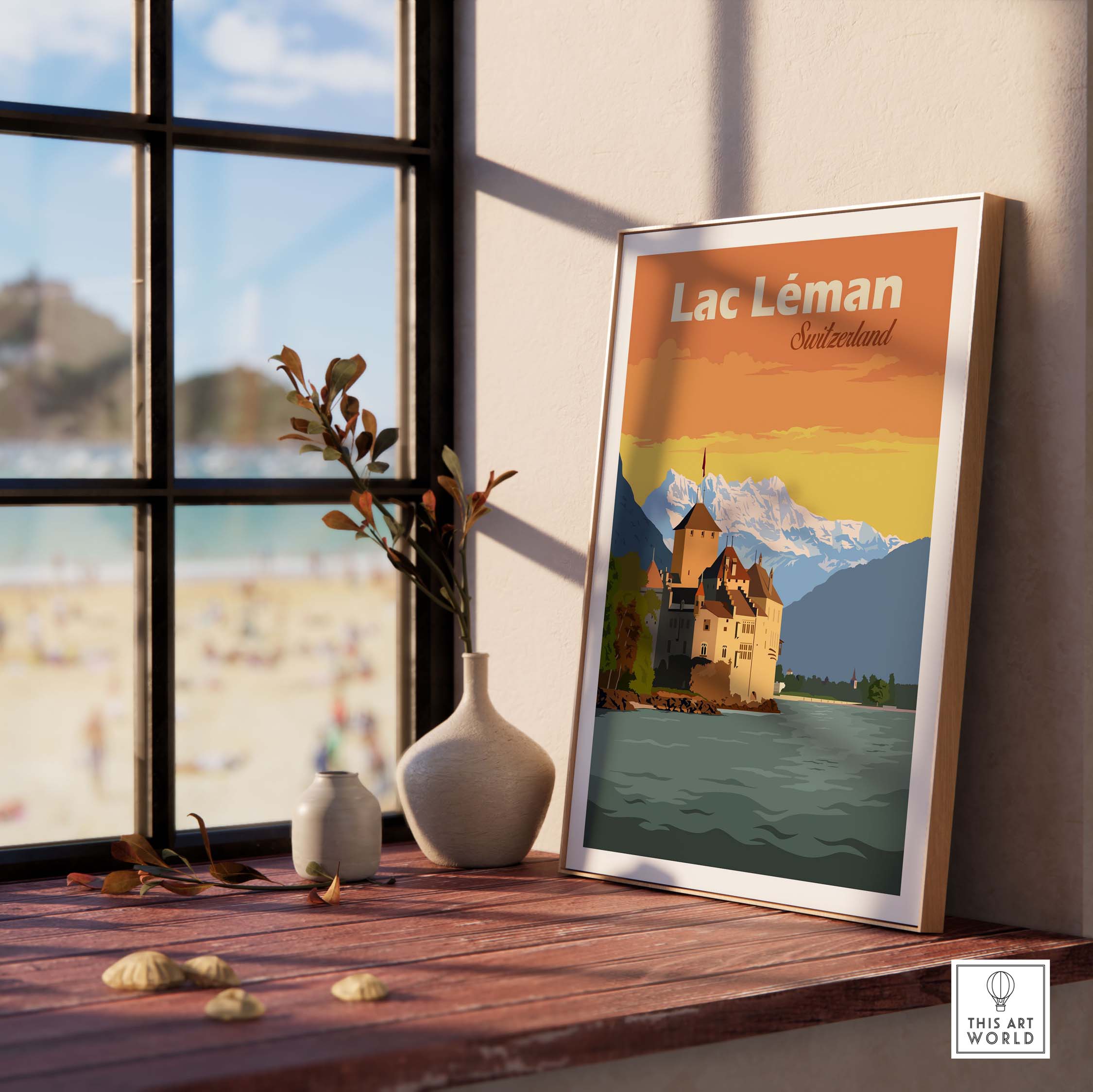 Lac Léman Switzerland Art Print displayed in a stylish interior with sunlight and decorative elements.