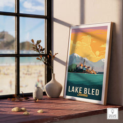 Lake Bled print Slovenia displayed in a stylish interior, capturing vintage travel poster aesthetics.