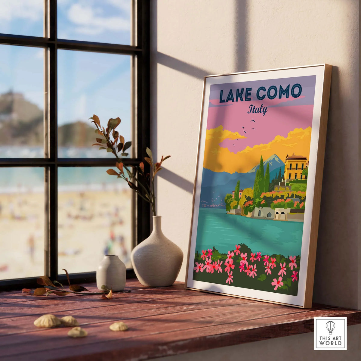 Framed Lake Como Italy wall art showcasing a vintage style landscape with flowers, perfect for home decor.