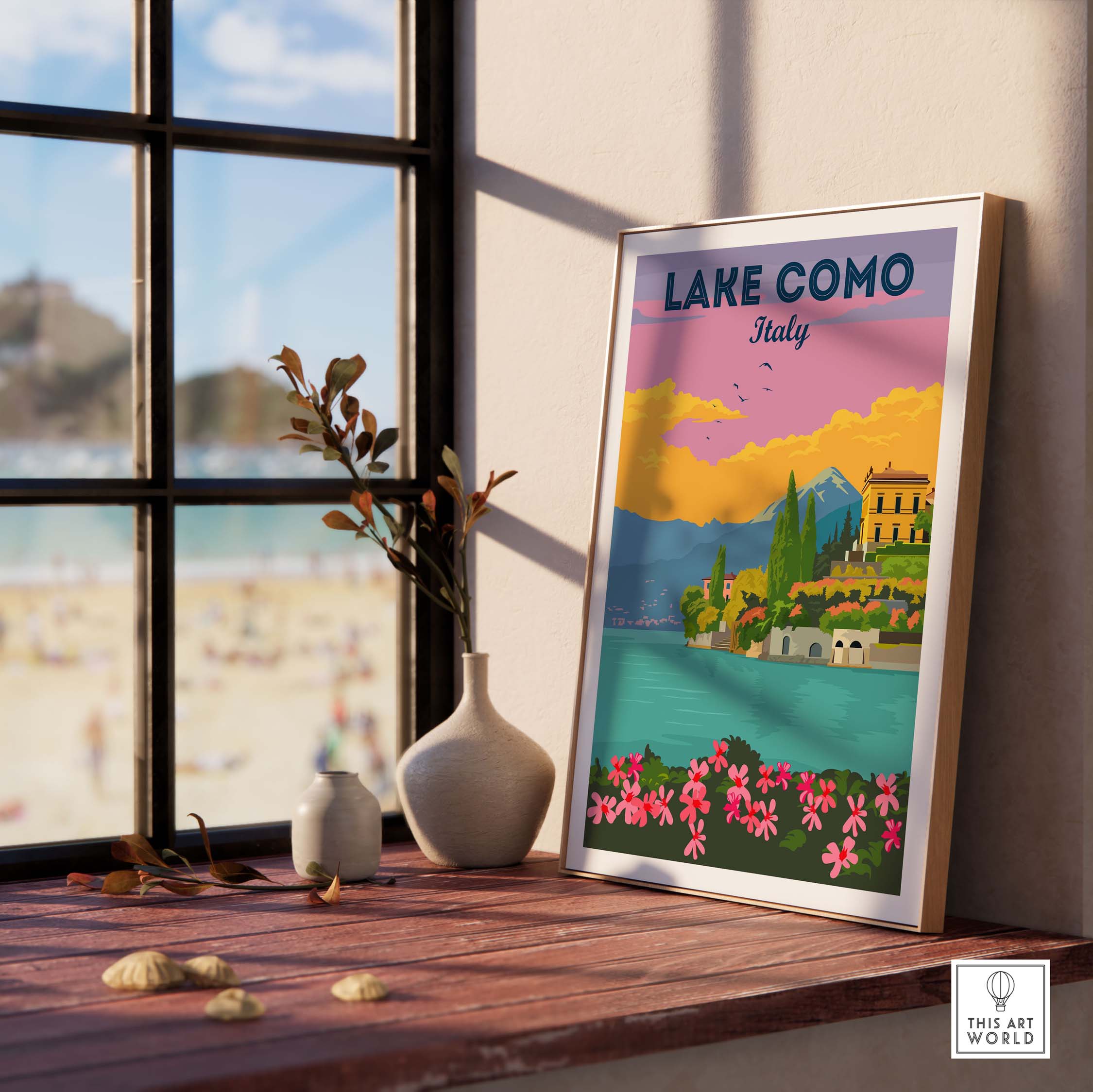 Framed Lake Como Italy wall art showcasing a vintage style landscape with flowers, perfect for home decor.