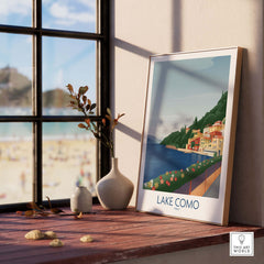 Lake Como wall art print displayed in a bright, cozy interior, showcasing vintage travel poster style.