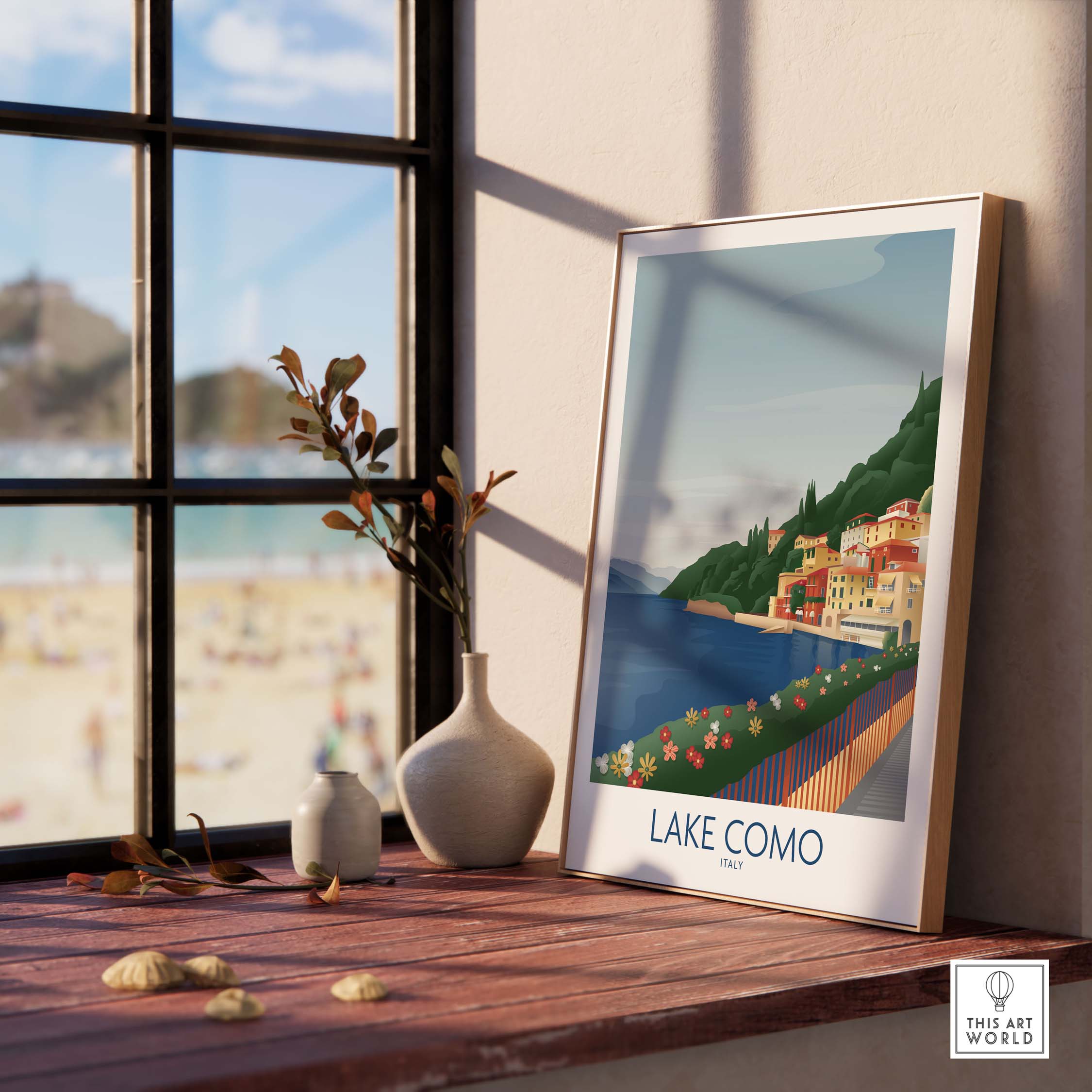 Lake Como wall art print displayed in a bright, cozy interior, showcasing vintage travel poster style.