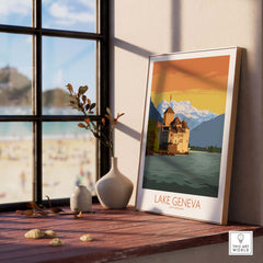 Lake Geneva art print framed by a window, showcasing mountains and beach scenery, ideal for home decor.