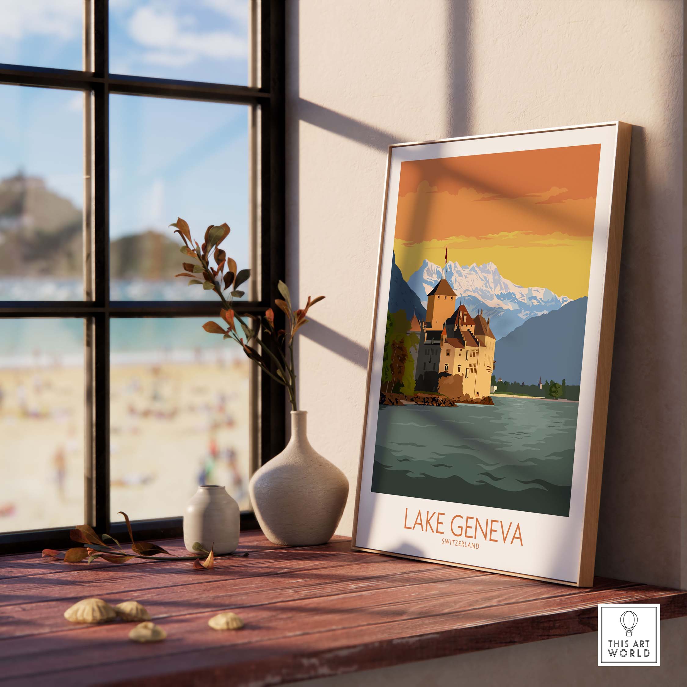 Lake Geneva art print framed by a window, showcasing mountains and beach scenery, ideal for home decor.