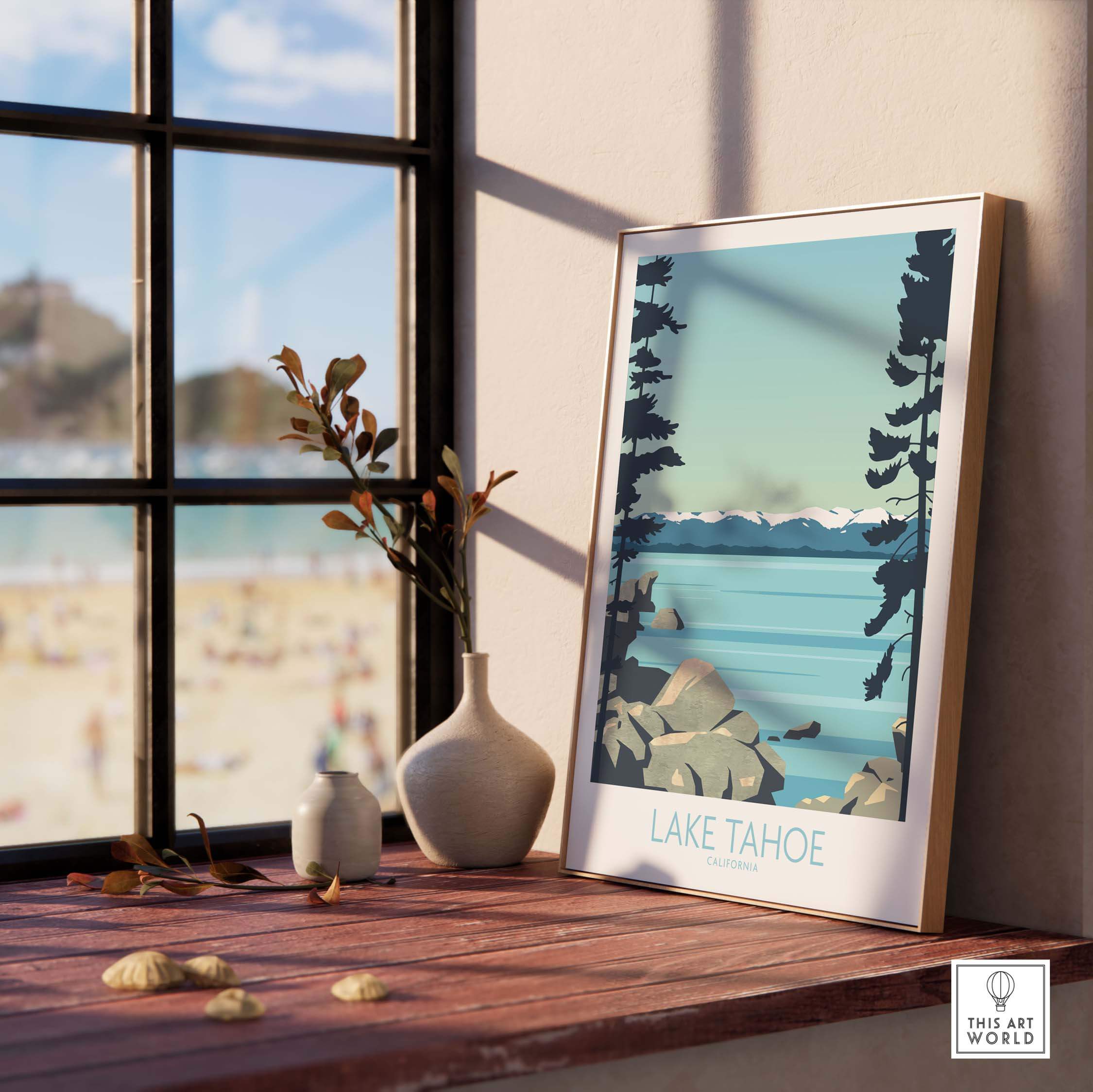 Lake Tahoe Print California displayed indoors with a scenic view, perfect for travel art enthusiasts.