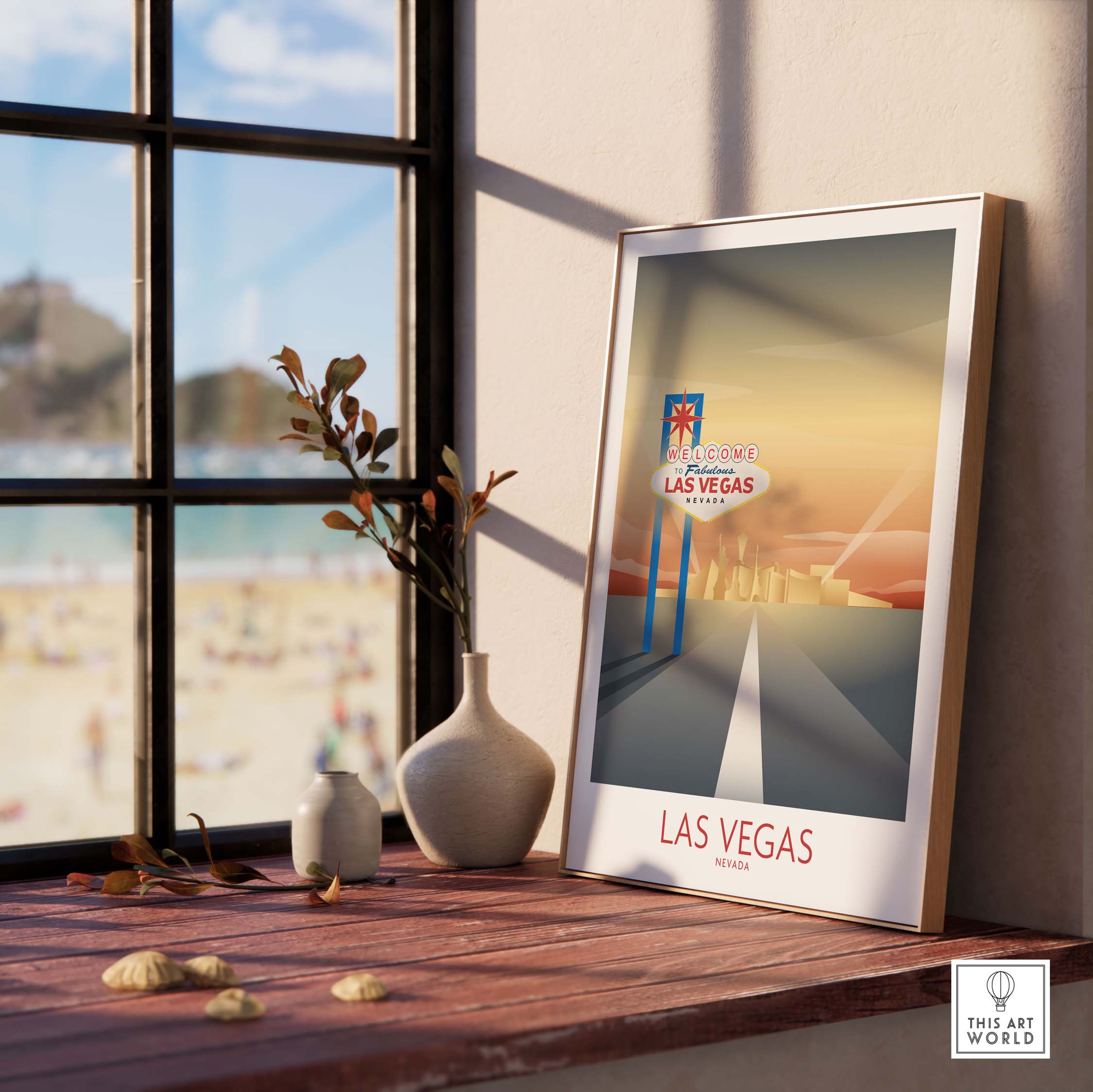 Las Vegas wall art print displayed in a stylish interior, inspired by vintage travel posters.