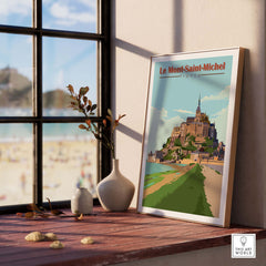 Le Mont Saint Michel poster print framed, showcasing vintage travel art, perfect for home decor or office style.