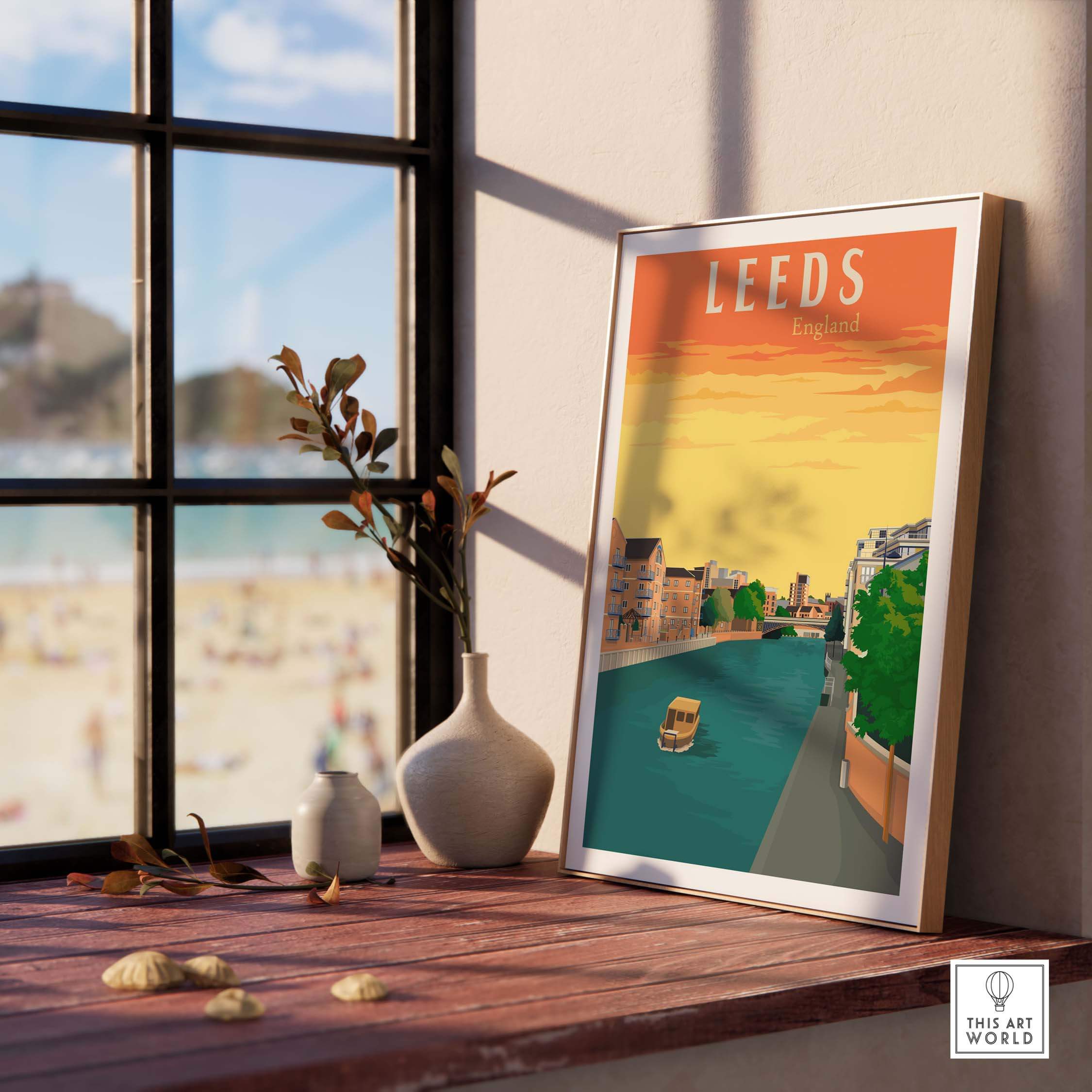 Leeds Poster Print displayed on a wooden table near a window, showcasing vintage travel art inspired by England.