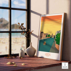 Leeds Print England Travel Poster displayed by a window, showcasing vibrant colors and nostalgic design.