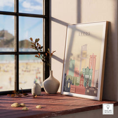 Leeds skyline wall art print featuring iconic architecture in pastel tones, displayed on a window sill.