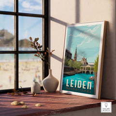 Framed Leiden Netherlands print featuring a vibrant canal scene, perfect for home or office decor.