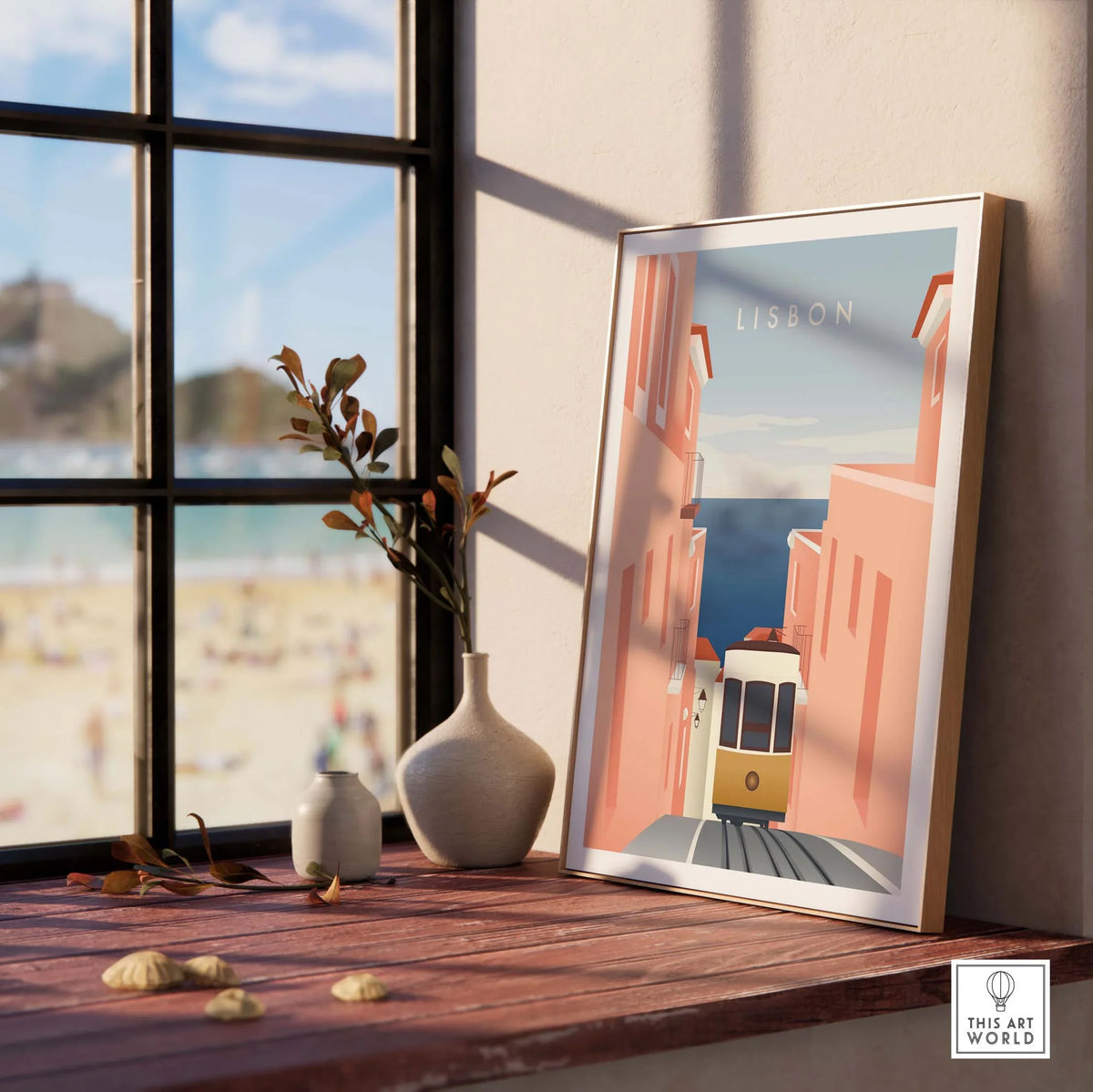 Lisbon Wall Art Poster on a table by a window, showcasing minimalist design and vibrant colors of the city.
