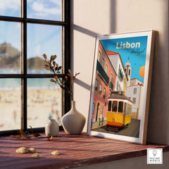 Lisbon travel poster print depicting a vintage tram near colorful buildings, highlighting Portugal's charm in a minimalist frame.