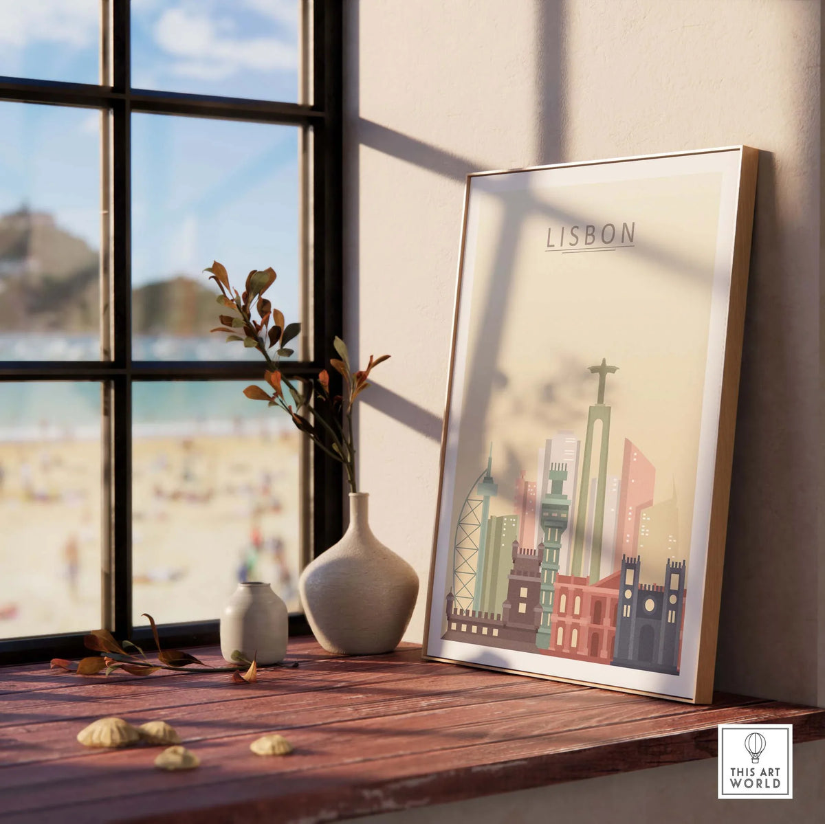 Lisbon skyline print wall art displayed in a sunny room, featuring iconic landmarks in pastel tones.