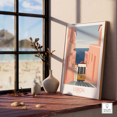 Lisbon Wall Art Poster Print featuring cable car scene, perfect for home or office decor, inspired by vintage travel art.