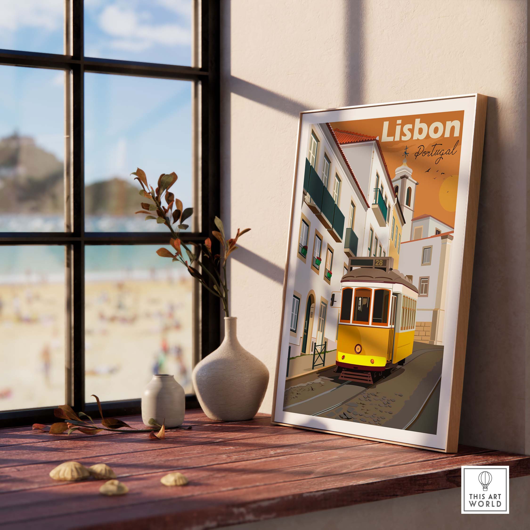 Lisbon vintage print poster featuring a yellow tram, displayed on a wooden table near a sunny window.