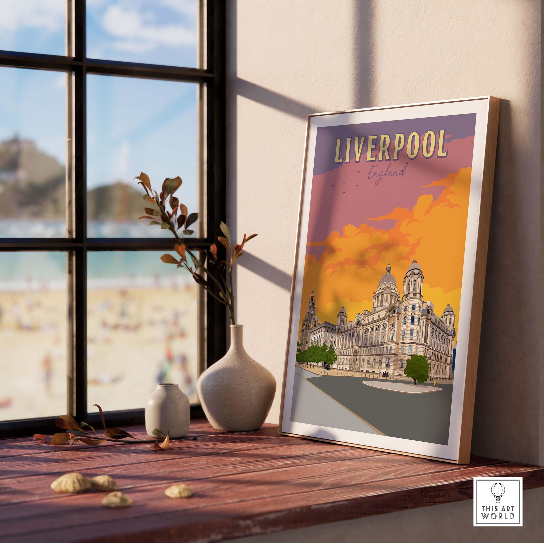Liverpool vintage travel poster displayed in a stylish interior with a sunny beach view.
