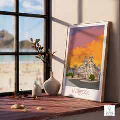Vibrant Liverpool Print displayed on a windowsill, featuring iconic architecture and sunset colors, enhancing home decor.