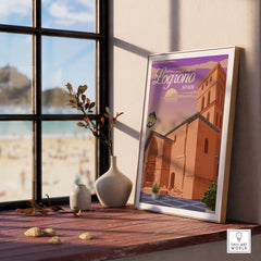 Logrono Spain print displayed in a modern home setting, featuring vintage travel poster design and stylish decor.