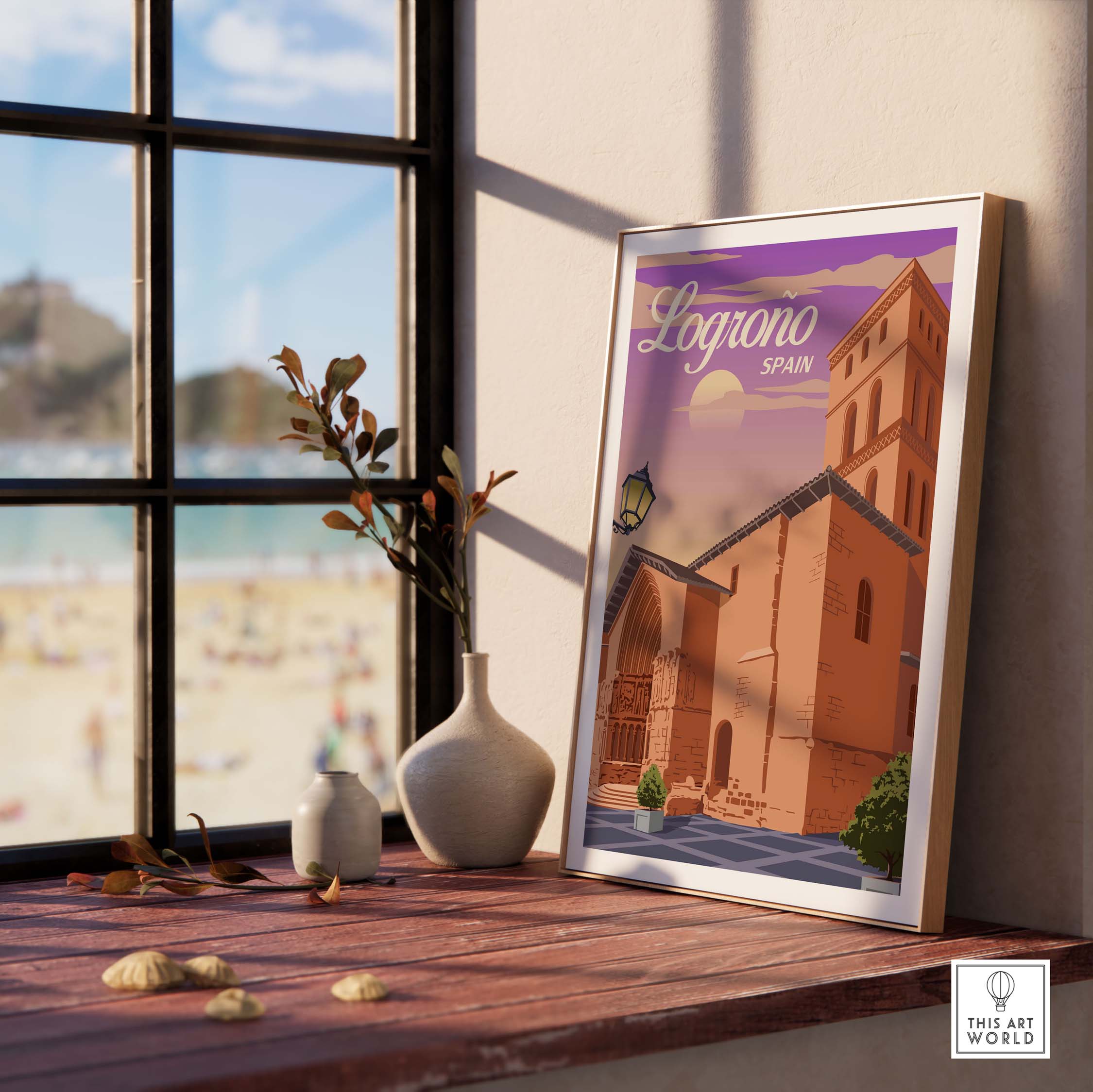 Logrono Spain print displayed in a modern home setting, featuring vintage travel poster design and stylish decor.