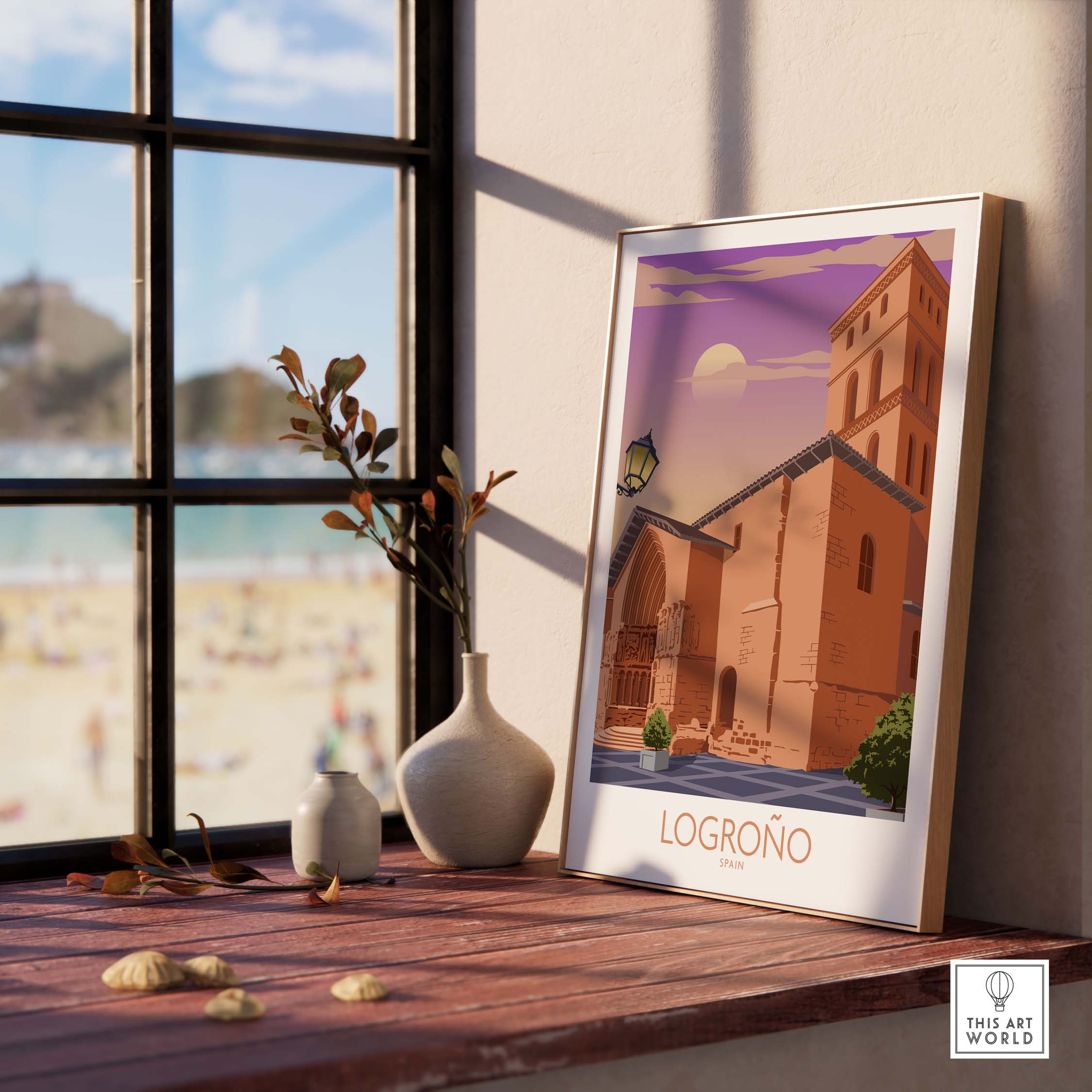 Logrono Spain poster framed by a window, displaying vintage travel art, perfect for home or office decor.